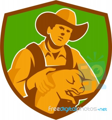 Pig Farmer Holding Piglet Front Shield Retro Stock Image