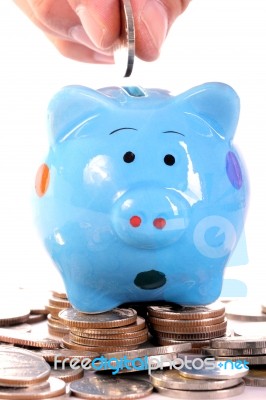 Piggy Bank Officer Put Money Inside Stock Photo