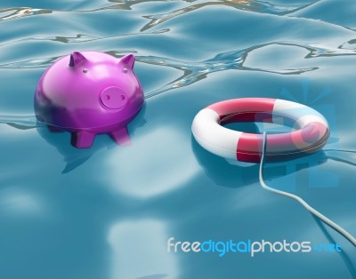 Piggy With Lifebuoy Shows Life Savings Protected Stock Image