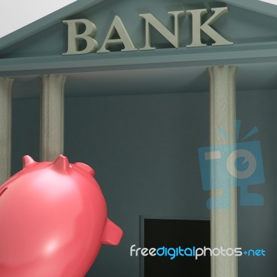 Piggybank Entering Bank Showing Monetary Lift Stock Image