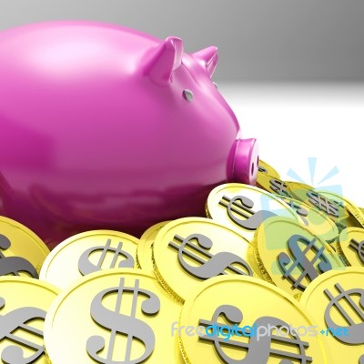 Piggybank Surrounded In Coins Showing American Wealth Stock Image