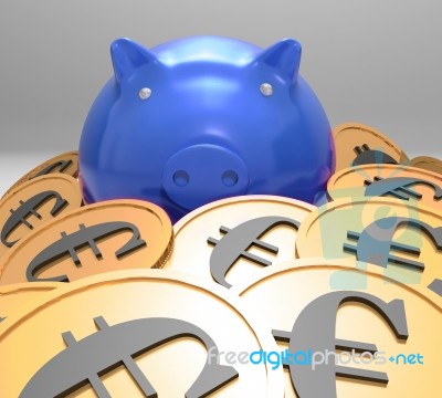 Piggybank Surrounded In Coins Showing European Savings Stock Image