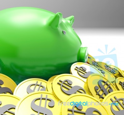 Piggybank Surrounded In Coins Shows American Finances Stock Image