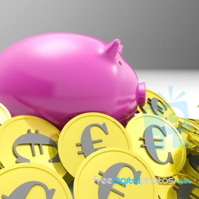 Piggybank Surrounded In Coins Shows European Economy Stock Image