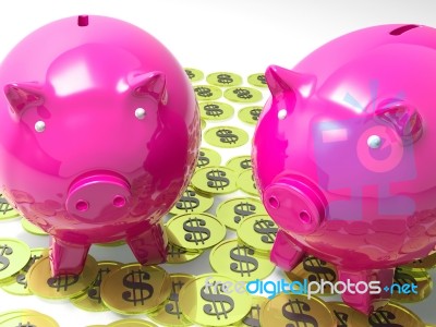 Piggybanks On Coins Shows American Earnings Stock Image