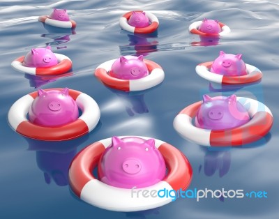 Piggybanks On Lifesavers Showing Monetary Help Stock Image