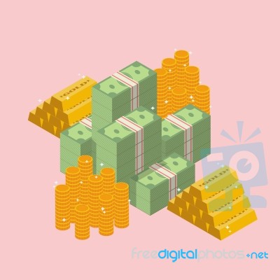 Pile Of Cash With Gold Ingots And Coin Stock Image