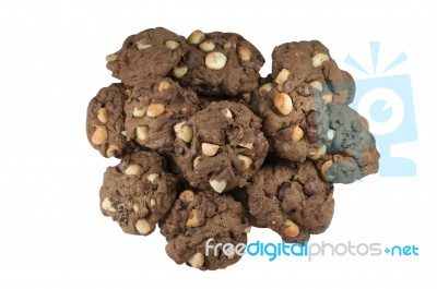 Pile Of Macadamia Chocolate Cookies Isolated On White Background… Stock Photo