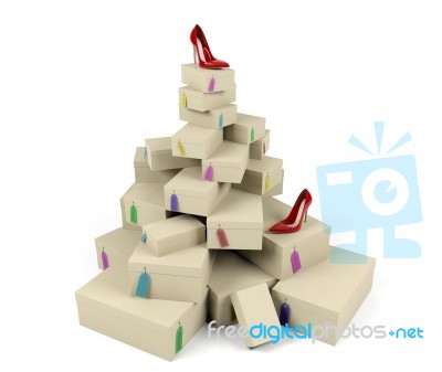 Pile Of Shoe Boxes With Red High-heeled Shoe On The Top Stock Image