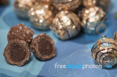 Pile Of Sweet Round Chocolate Candies Stock Photo