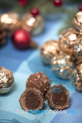 Pile Of Sweet Round Chocolate Candies Stock Photo