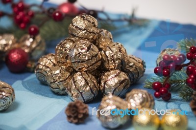 Pile Of Sweet Round Chocolate Candies Stock Photo