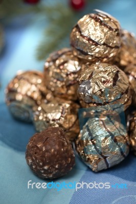 Pile Of Sweet Round Chocolate Candies Stock Photo