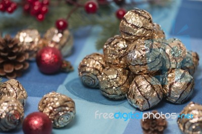 Pile Of Sweet Round Chocolate Candies Stock Photo