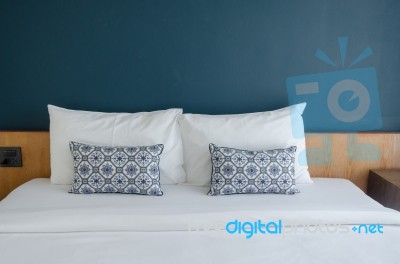 Pillows On Bed Stock Photo