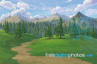 Pine Forest Mountain Painted Illustration Background Stock Image