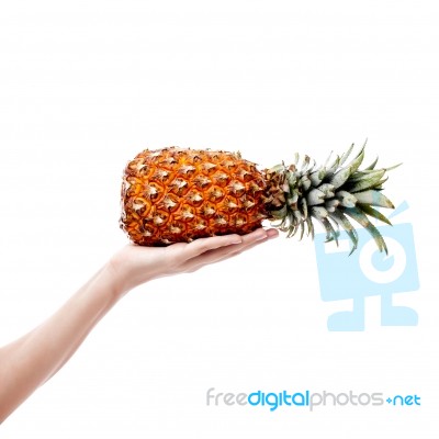 Pineapple In Female Hand On White Background Stock Photo