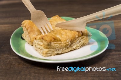 Pineapple Pie On White Plate With Fork And Knife Stock Photo