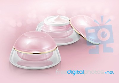 Pink Dome Cosmetic Jar On Glitter Background Stock Photo