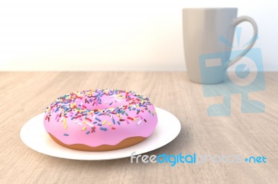 Pink Doughnut On Wood Table Stock Image