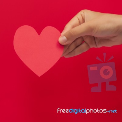 Pink Paper Heart In Hand On The Red Background Stock Photo