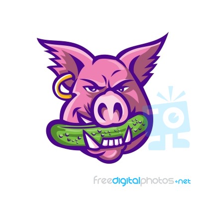 Pink Pig Biting Pickle Mascot Stock Image