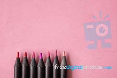 Pink, Red And Violet Tone Colour Of Black Pencils On Pastel Pink… Stock Photo