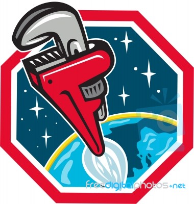 Pipe Wrench Rocket Booster Blasting Space Hexagon Retro Stock Image