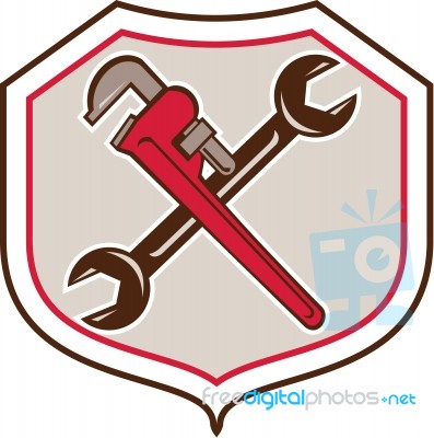 Pipe Wrench Spanner Crossed Shield Cartoon Stock Image