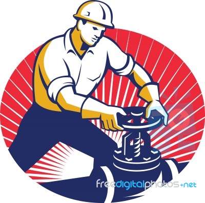 Pipefitter Turning Pipe Valve Retro Stock Image