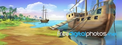 Pirate Ship On The Shore Of Island Stock Image