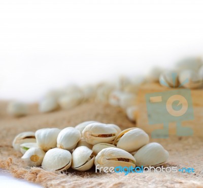 Pistachio Nuts On Sack Stock Photo