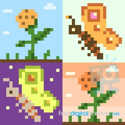 Pixel Art Butterfly Flower Stock Image
