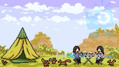 Pixel Art Scene Outdoor Picnic Stock Image