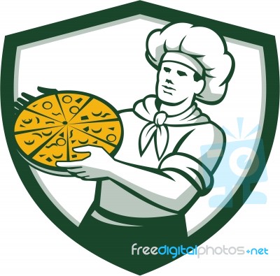 Pizza Chef Holding Pizza Shield Retro Stock Image