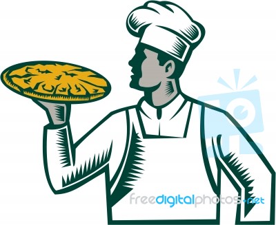 Pizza Chef Holding Pizza Woodcut Stock Image