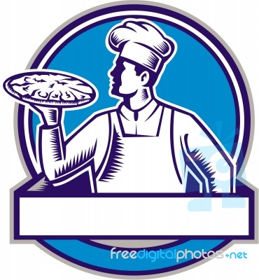 Pizza Chef Serving Pizza Circle Woodcut Stock Image