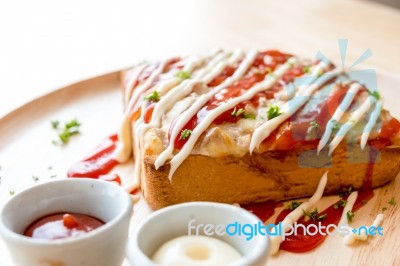 Pizza Toasted Bread With Tomato Sauce And Ham Cheese Selective F… Stock Photo