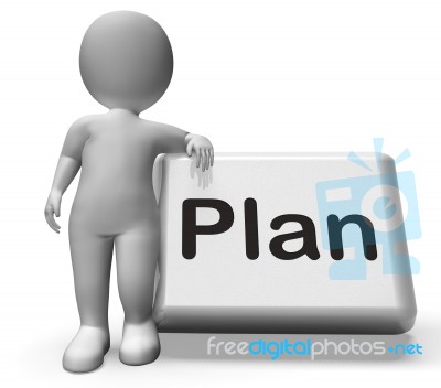 Plan Button With Character Shows Objectives Planning And Organiz… Stock Image