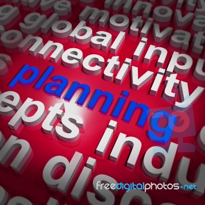 Planning Word Cloud Shows Objectives Plan And Organize Stock Image