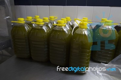 Plastic Bottles Filled With Olive Oil Stock Photo