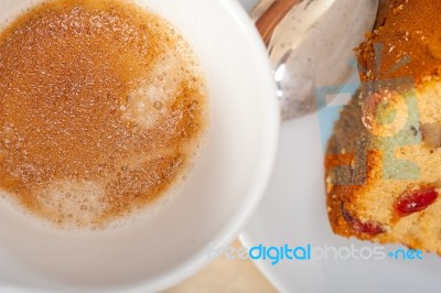 Plum Cake And Espresso Coffee Stock Photo