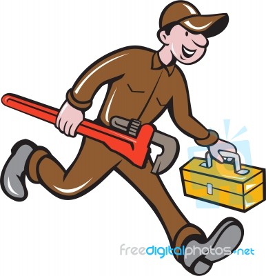 Plumber Carrying Monkey Wrench Toolbox Cartoon Stock Image