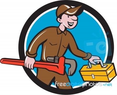 Plumber Carrying Monkey Wrench Toolbox Circle Stock Image