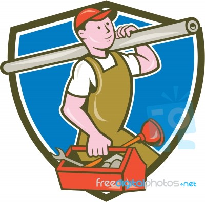 Plumber Carrying Pipe Toolbox Crest Cartoon Stock Image