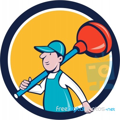 Plumber Carrying Plunger Walking Circle Cartoon Stock Image