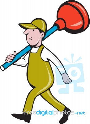 Plumber Carrying Plunger Walking Isolated Cartoon Stock Image