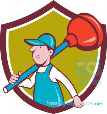 Plumber Carrying Plunger Walking Shield Cartoon Stock Image