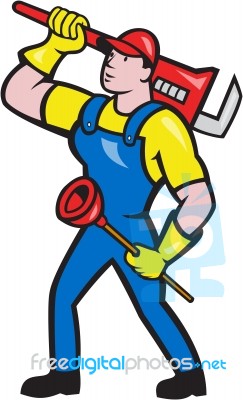 Plumber Carrying Wrench Plunger Cartoon Stock Image