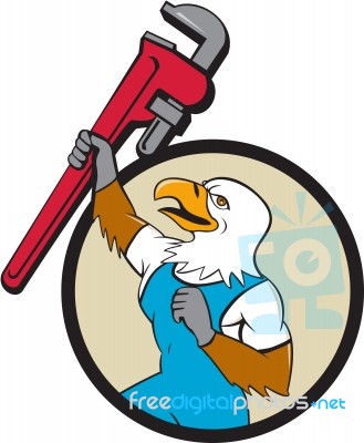 Plumber Eagle Raising Up Pipe Wrench Circle Cartoon Stock Image